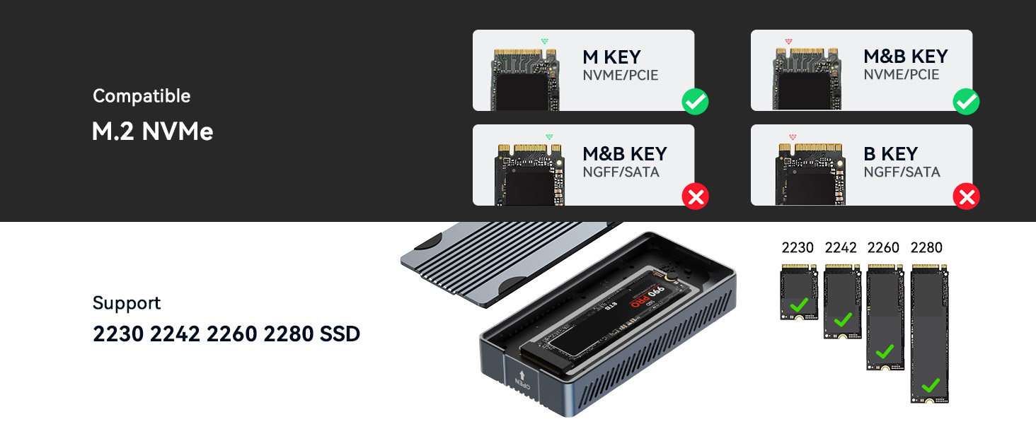 M.2 NVMe SSD compatibility chart showing compatible key types M and M&amp;B. External enclosure for M.2 SSD displayed with various drive sizes supported, including 2230, 2242, 2260, and 2280.