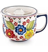 Hoilse Ceramic Soup Bowl with Handle 32oz – Microwave Ramen Bowl with Lid, Hand Painted Soup Mug ...