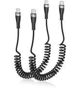 Coiled USB C to USB C Cable for CarPlay &amp; Android Auto, 2 Pack 3FT Retractable Charger Cord for C...