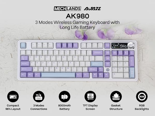 Text reads 'MECHANICS AK980' '3 Modes Wireless Gaming Keyboard with Long Life Battery'. White keyboard with purple accents and icons showing features below.