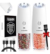 AmuseWit Gravity Electric Salt and Pepper Grinder Set [White Light] USB Rechargeable Automatic Pe...