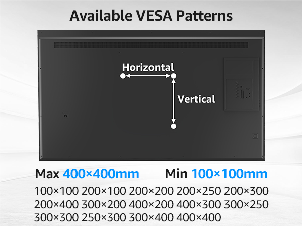 vesa mount patterns range from 100x100mm(4x4”) to 400x400mm(16x16”)