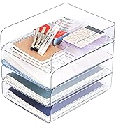 CiWiVOKi Set of 4 Office Organization and Storage, Clear PET Letter Tray Desk Organizer, Stackabl...