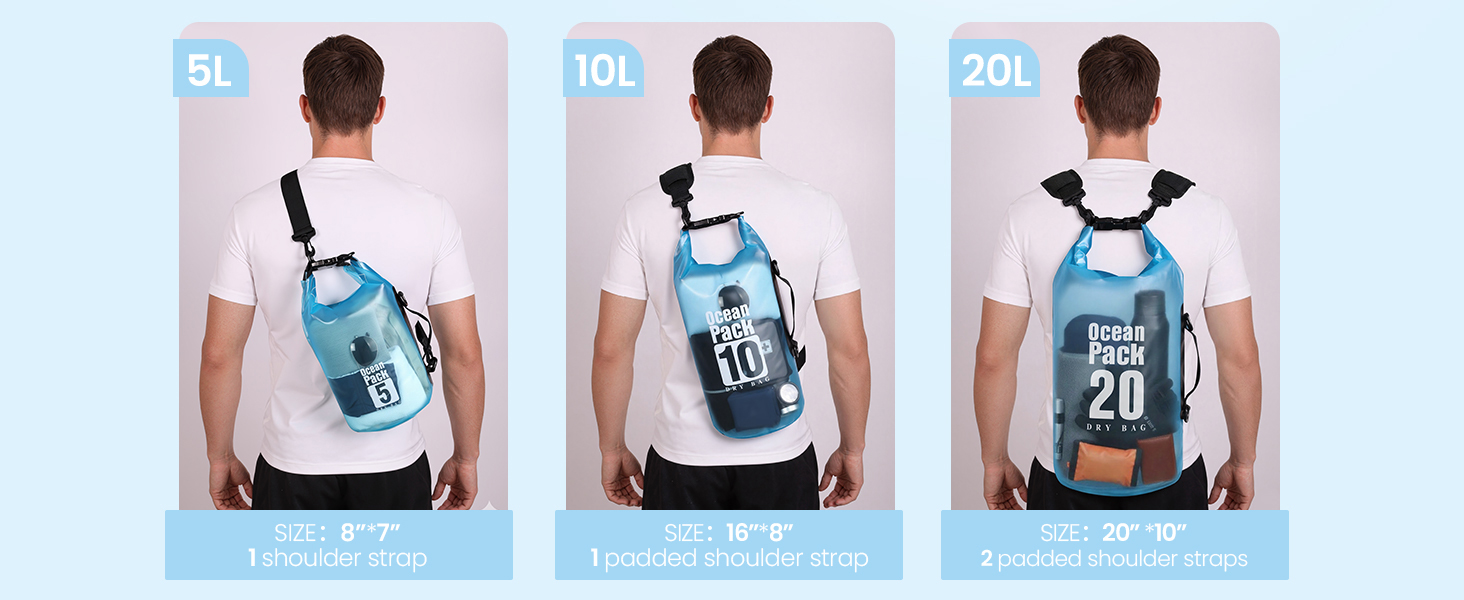Waterproof dry bag with shoulder strap size options 5l 10l 20l