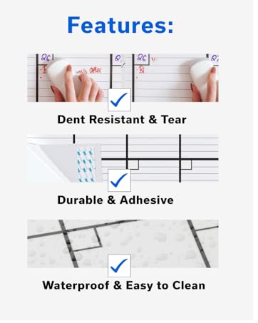 Dry erase wall calendar features: dent resistant, durable adhesive, waterproof and easy to clean