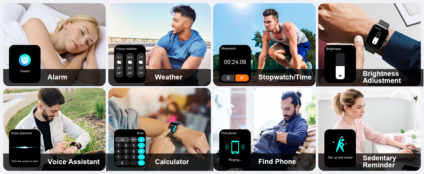 Collage of smartwatch functions including alarm, weather, stopwatch, heart rate monitoring, video assistant, calculator, find phone, and schedule reminder features.