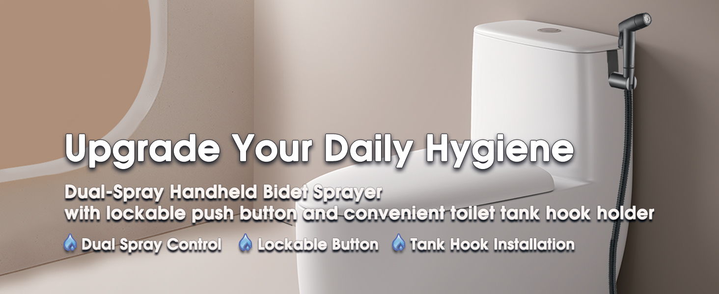 dual-spray handheld bidet sprayer with lockable push button and toilet tank hook holder installed