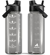POWCAN 40 oz Clear Water Bottle with Time Marker, 2-in-1 Straw Spout Lid, BPA-Free, Leakproof &amp; D...