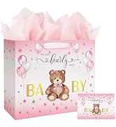 13" Large Baby Shower Birthday Gift Bag for Girl with Tissue Papers and Card Pink Balloons Bear D...