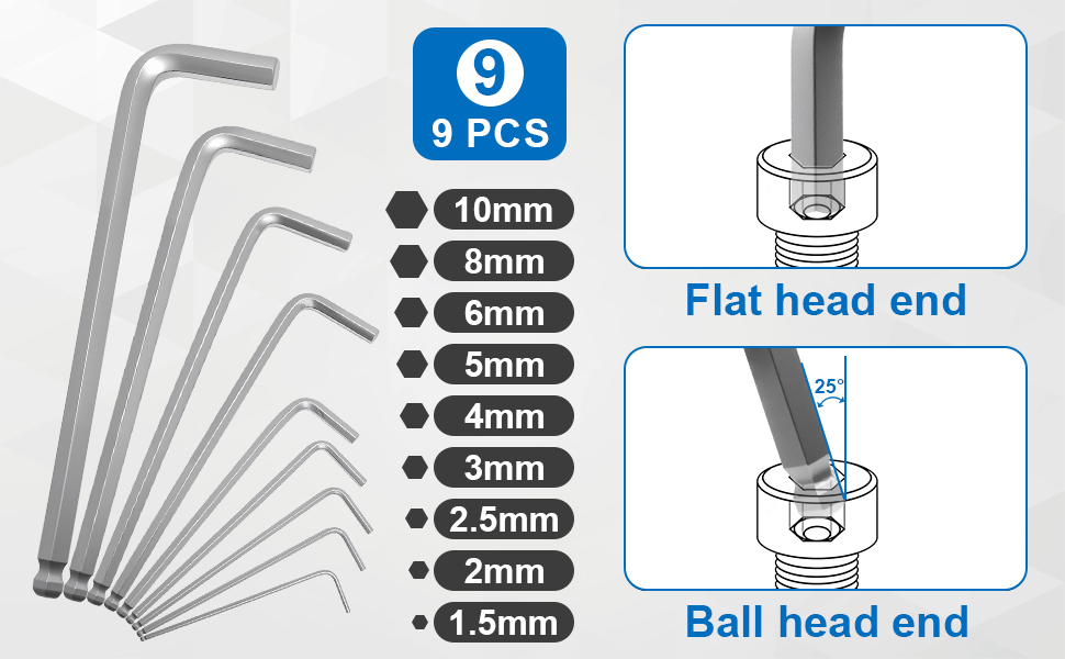 9 PCS Metric Sizes, Flat Head End, Ball Head End