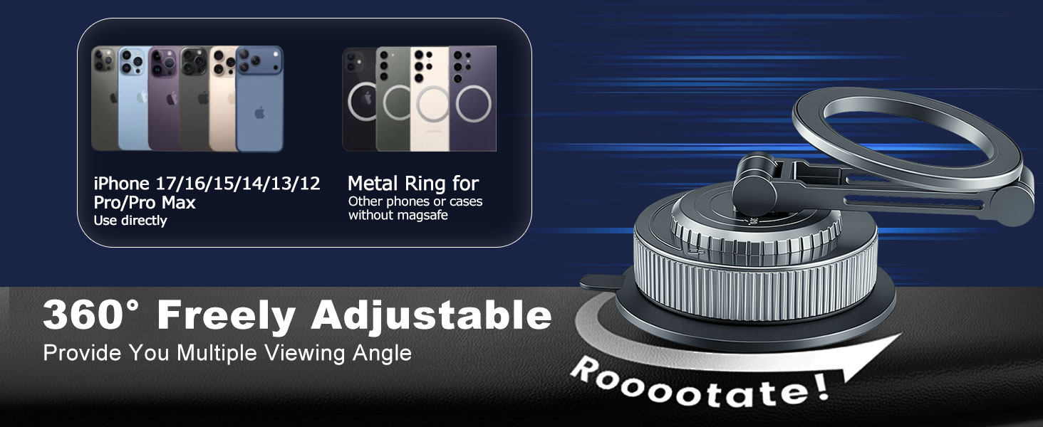 Compatible with iPhone 12–17 Pro/Max. Works with non-MagSafe phones &amp;amp; cases. 360° adjustable angle