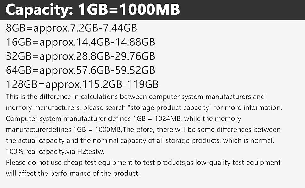 Technical specifications chart showing storage capacity conversions from 1GB to 128GB with approximate conversion values listed.