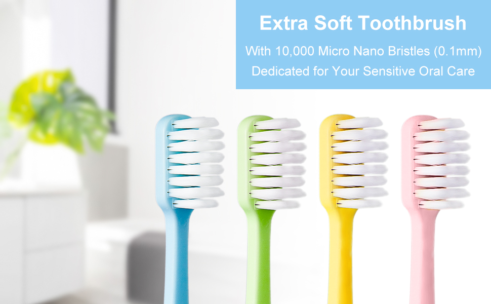 Extra Soft Toothbrush with 10,000 Soft Bristle for Sensitive Gums, 4 colors: Blue/Green/Yellow/Pink