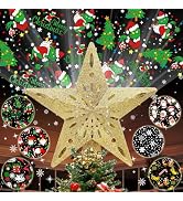 10" Christmas Tree Topper Star Lighted with 6 Projection Modes, Light Up Christmas Tree Topper Bu...
