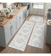 WondRg Neutral Kitchen Rug Set of 3 Washable Blue Vintage Kitchen Mats for Floor Non-Slip Kitchen...