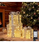 Jyoiat Set of 3 Christmas Lighted Gift Boxes - Pre Lit Presents Christmas Boxes Outdoor Lighted w...