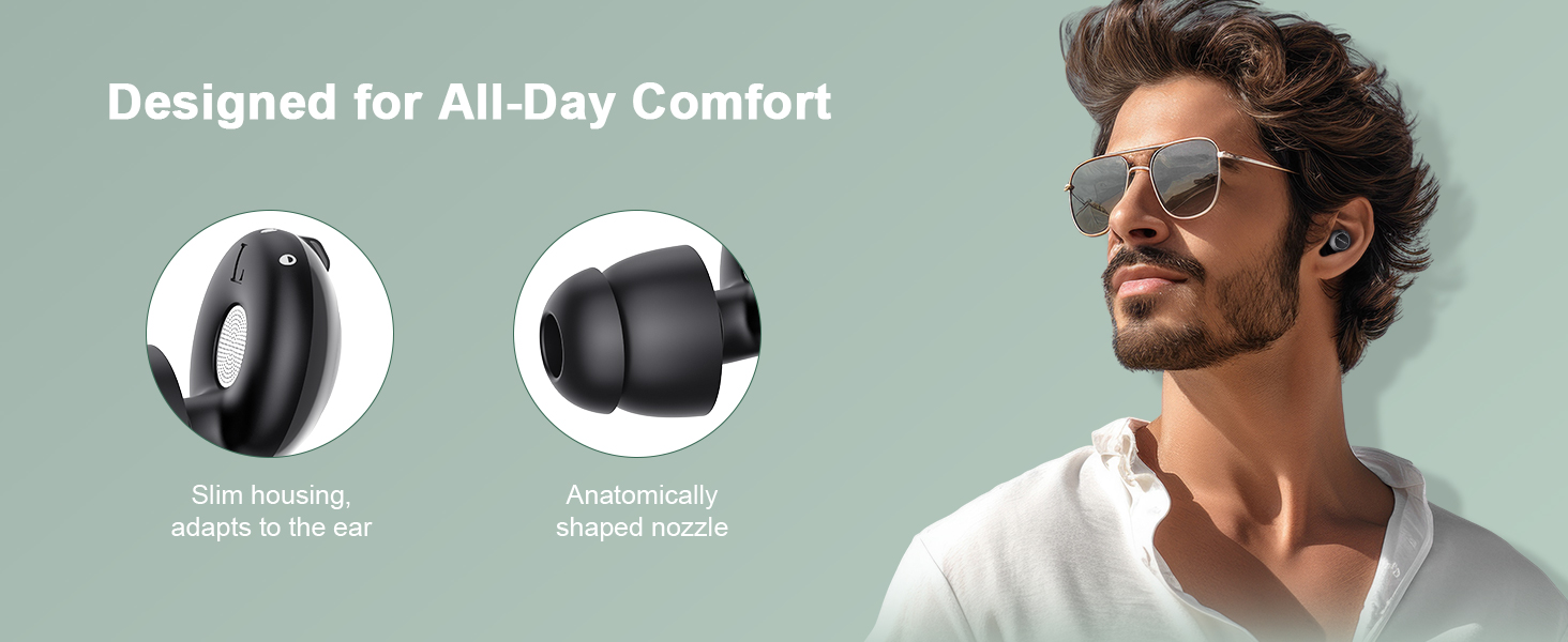 Text reads 'Designed for All-Day Comfort'. Marketing image showing wireless earbuds with icons highlighting features like '28H Playing' and 'Anatomically aligned leather'.