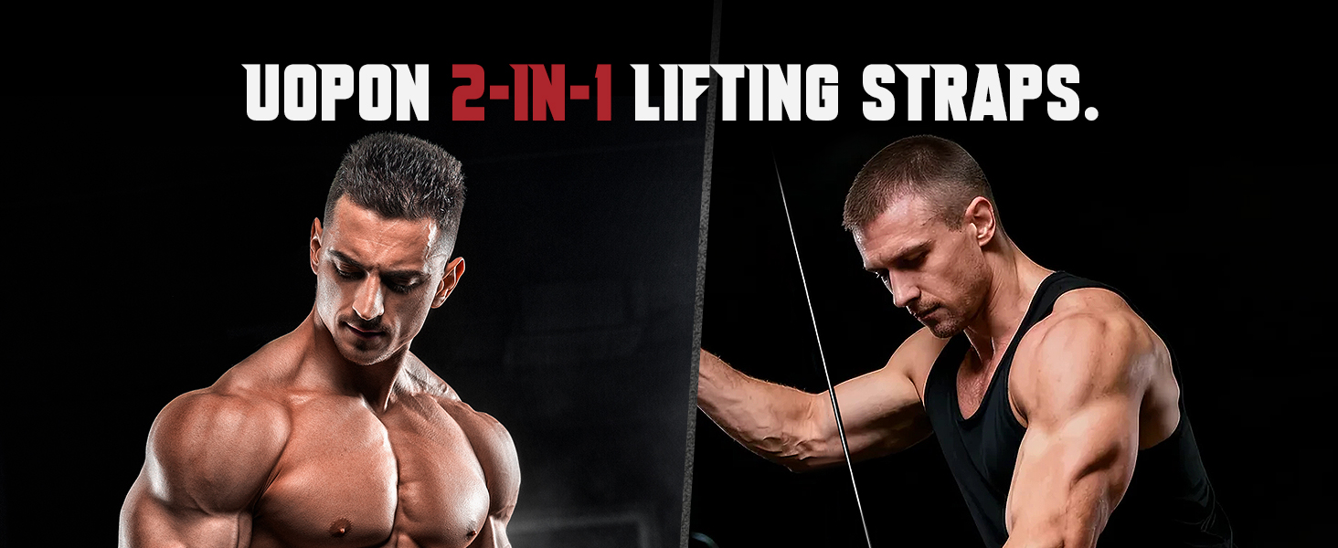 UOPON 2-in-1 Weight Lifting Straps banner highlighting the product&amp;amp;#39;s versatility for training