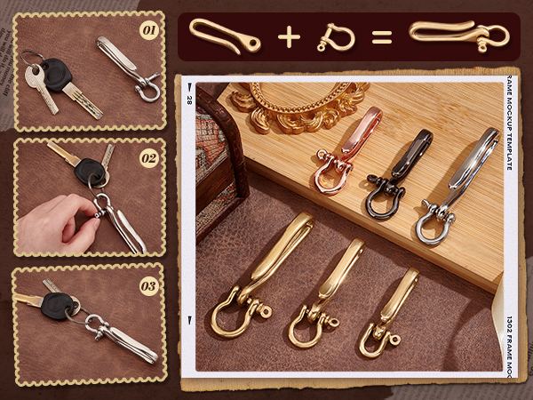 Key organizer set featuring various metal components and leather pieces. Demonstrates assembly process and multiple finished products.