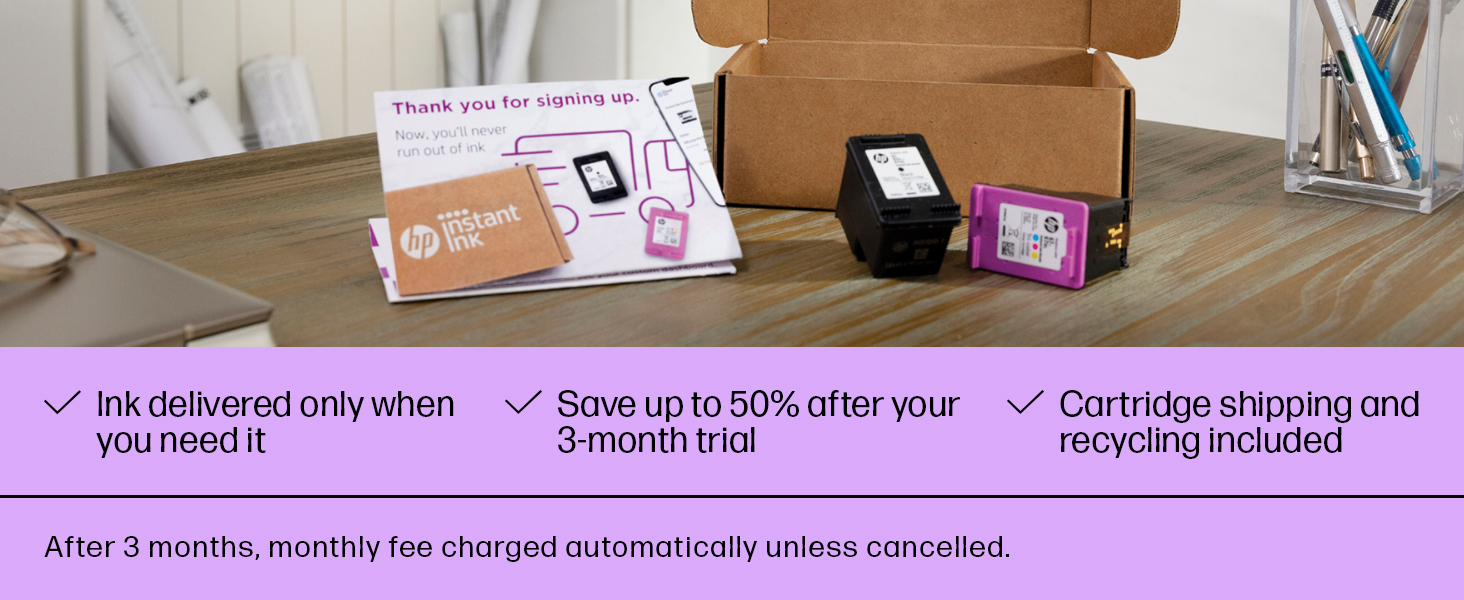 hp+ smart printing system Instant Ink offer cartridge delivery recycling wireless printing