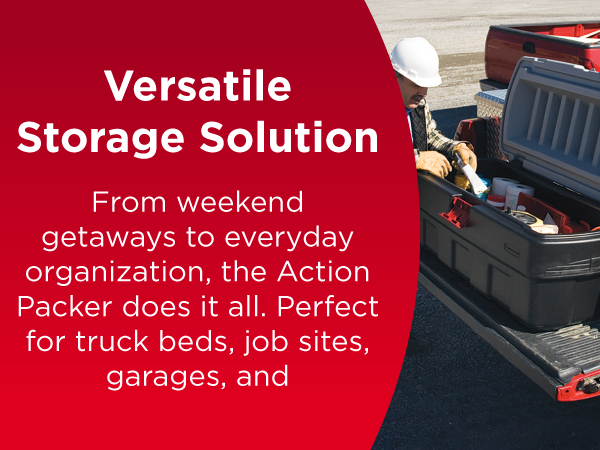 Image of storage container on back of truck with text reading versatile storage solution.