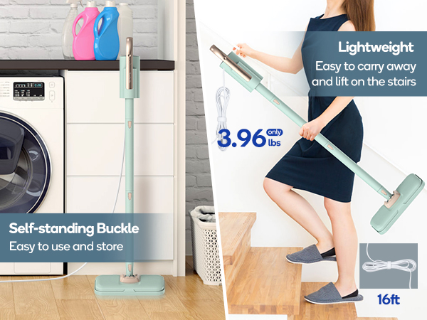 Lightweight floor mop with self-standing buckle feature, showing 16-foot reach and easy storage capability against laundry appliance.