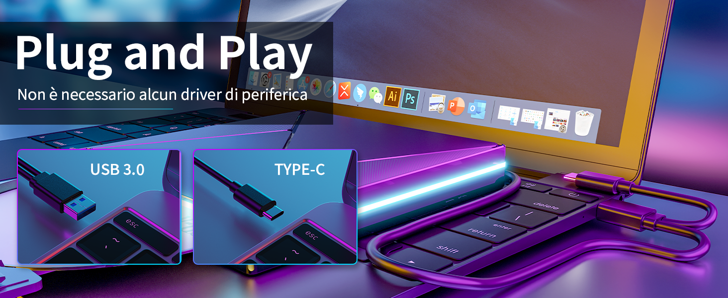 Product advertisement showing USB 3.0 and Type-C connections under purple-blue lighting with 'Plug and Play' text.