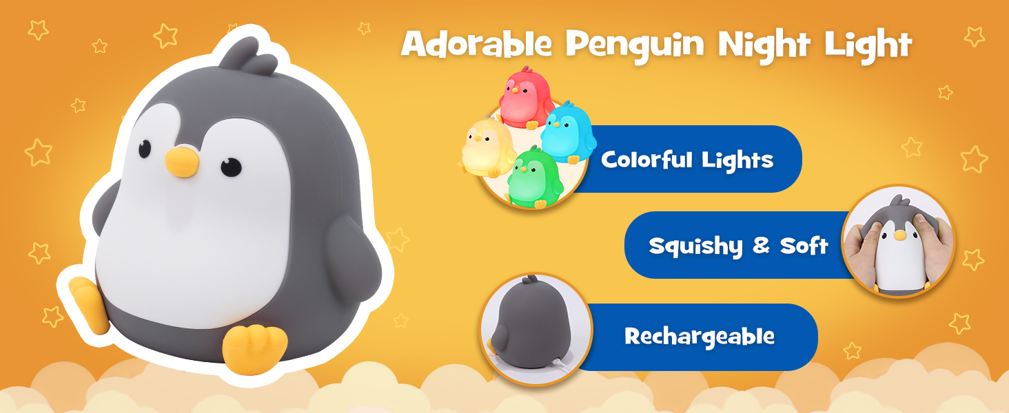 Greprety squishy penguin night light with rgb modes 3 brightness timer