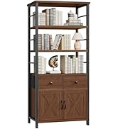 HOOBRO Bookshelf with Doors, Rustic Bookshelf with Drawers, Industrial Display Standing Shelf Uni...