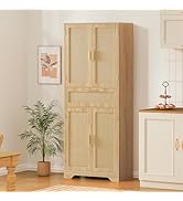 FIONESO Tall Storage Cabinet with 2 Adjustable Shelves &amp; Large Drawer, Rattan Cabinet with 4 Door...