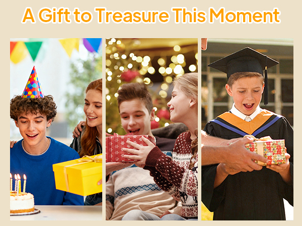 Text reads 'A Gift to Treasure This Moment'. Collage of celebratory moments showing various activities and gatherings.