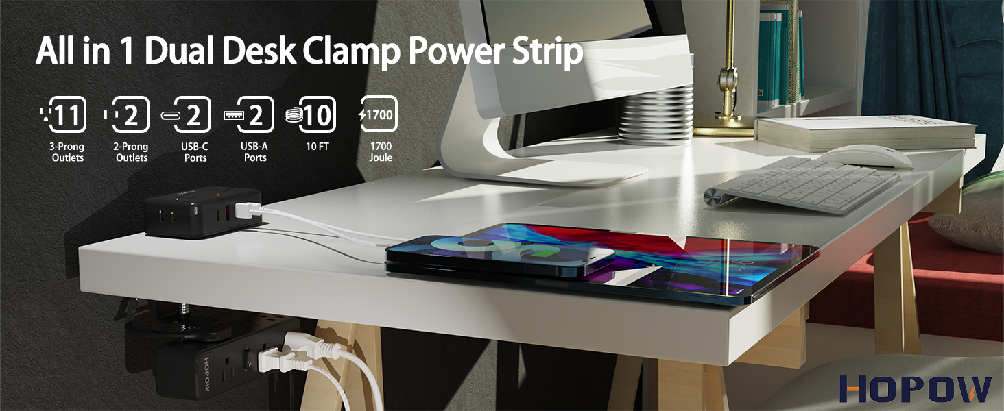 All in 1 Dual Desk Clamp Power Strip