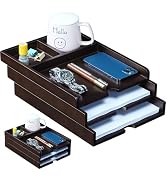 Wooden 3 Tier Desktop File Organizer with Divided Compartments, Solid Wood Stackable Letter Paper...