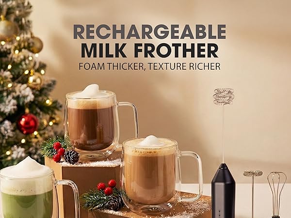 USB-C rechargeable milk frother — perfect December coffee gift for festive lattes and hot drinks.
