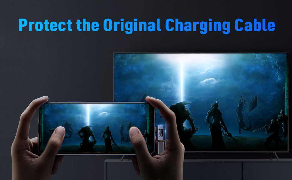 Split image showing hands holding a smartphone with a game scene, and a larger version of the same scene on a TV or monitor.