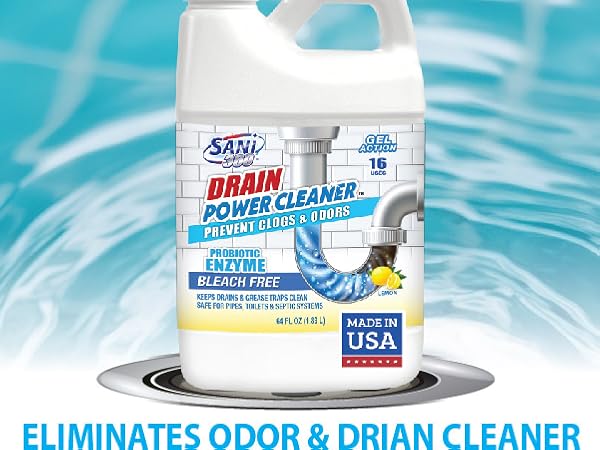 SANI 360 Drain Power Cleaner bottle with water splash background