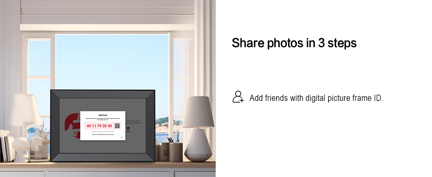 Link the Frameo app to your frame with a unique code.
