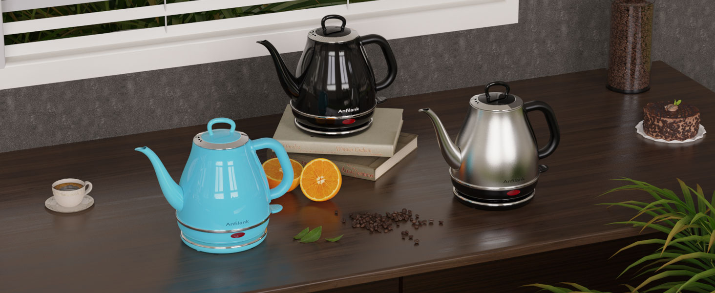 anfilank silver/black/turquoise blue gooseneck electric kettle, boil water kettle