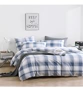 LEMIROE Neutral 100% Cotton Duvet Cover King Size 3PC - Classic Tartan Plaid Pattern with Denim B...