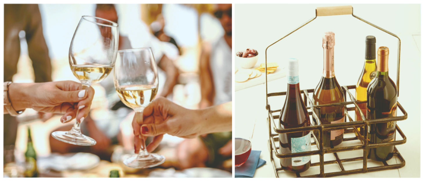 Clinking wine glasses and a metal carrier that holds six wine bottles.