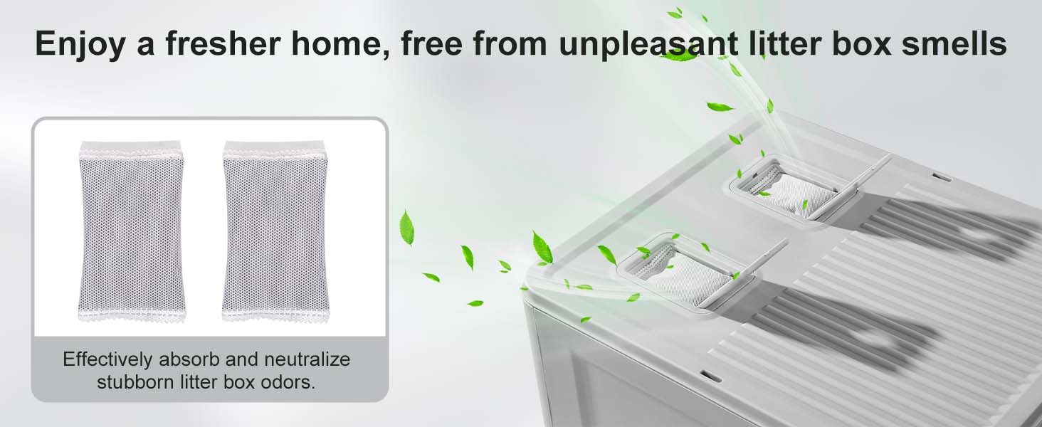 Text reads: 'Enjoy a fresher home, free from unpleasant litter box smells.' Product shows two filter panels with arrows indicating airflow and filtration process.