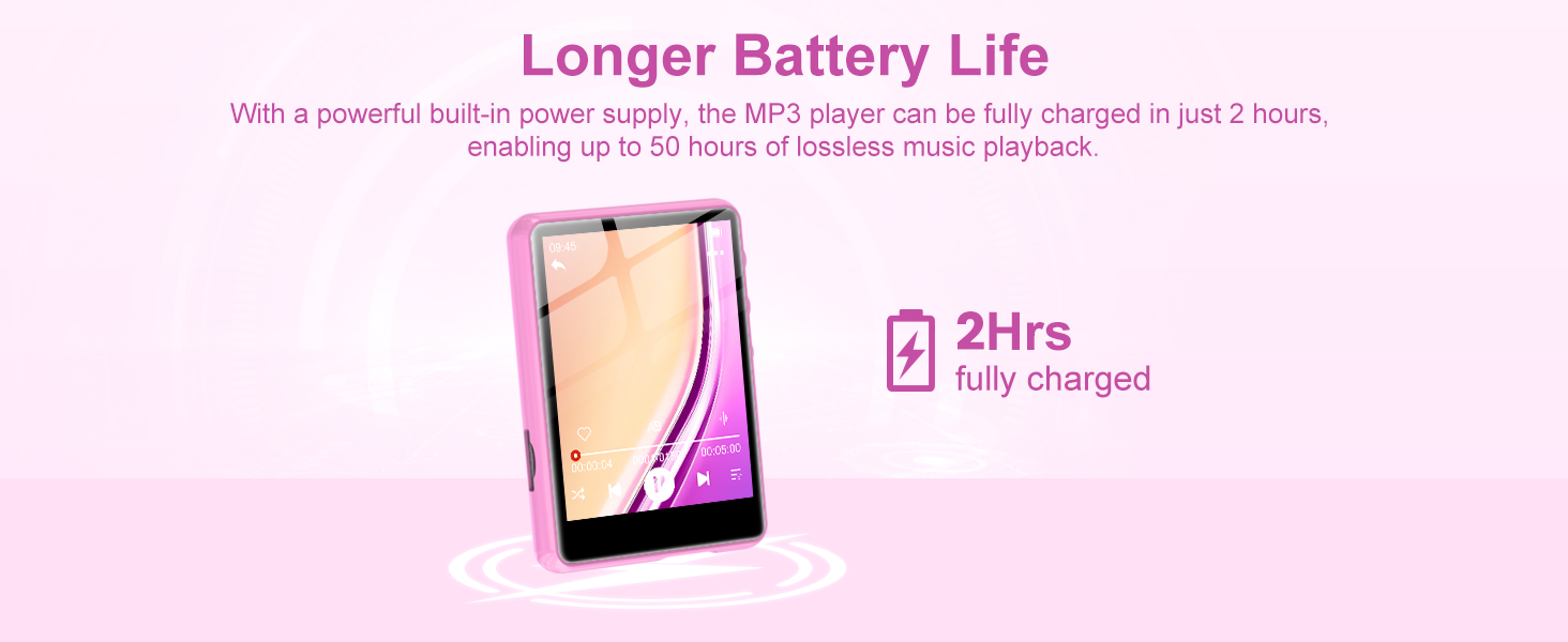 Smartphone with curved screen displaying battery icon. Text highlights 2-hour full charge and 50 hours of music playback. Pink background with 'Longer Battery Life' heading.
