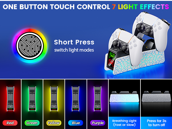 Text reads 'ONE BUTTON TOUCH CONTROL 7 LIGHT EFFECTS'. Digital interface showing multiple colored light mode options with visual indicators.