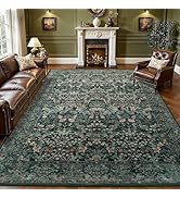 CILEPMID 5x7 Washable Rug Vintage Floral Green Area Rug Non Slip Low Pile Large Rugs for Living R...