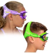 Tangle-free kids goggles; fabric-covered neoprene glides over hair for sensory-friendly comfort.