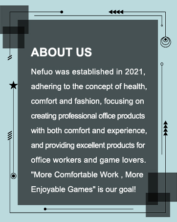 Text image describing Nefuo, established in 2021, focusing on professional office products combining comfort and fashion for office workers and gamers.