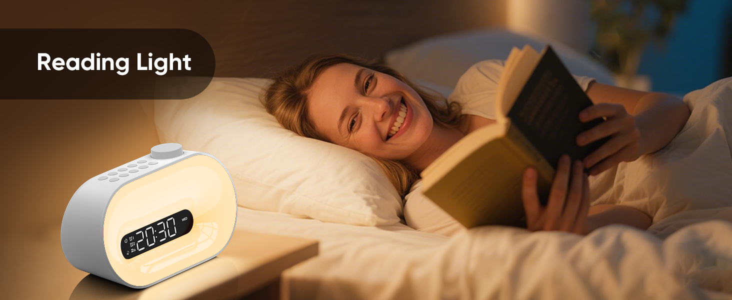 sunrise lamp features warm white light which is bright enough to use as a bedside reading lamp