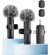 Wireless Microphone for iPhone iPad Android Phone and Camera, 2 Pack Wireless Lavalier Lapel Mic ...