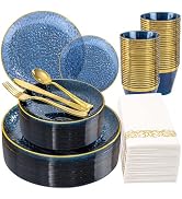 DaYammi 175PCS Blue Plastic Dinnerware Set, Plastic Plates Disposable Hammered Disposable Plates ...