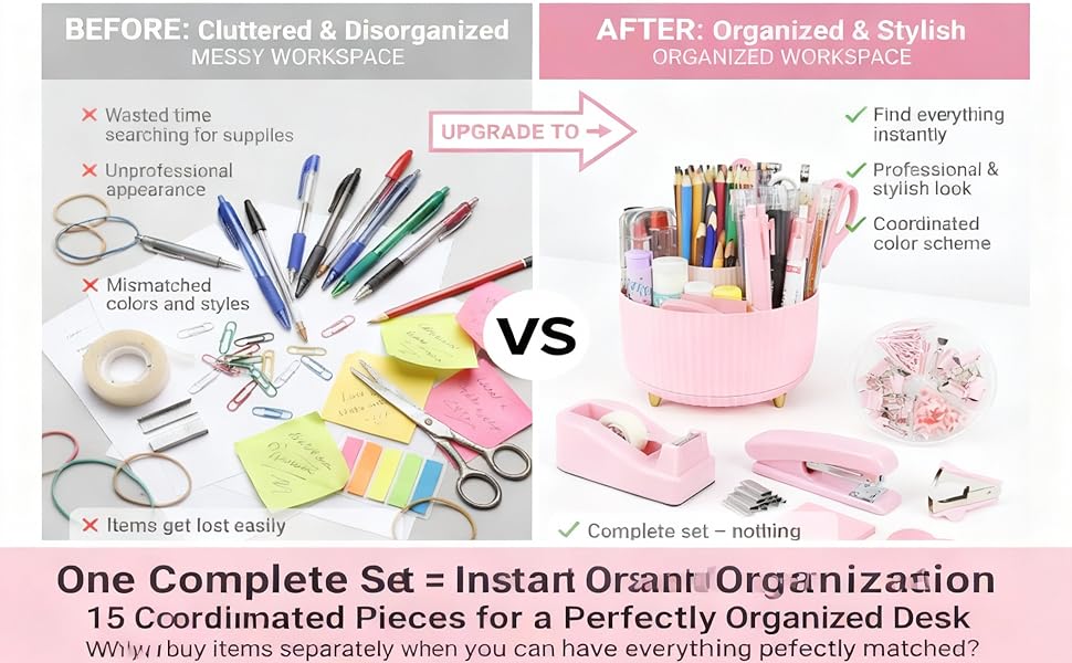 Highlighting the Overall Advantages of the Coordinated Stationery Display Set Over Disorganized Sets